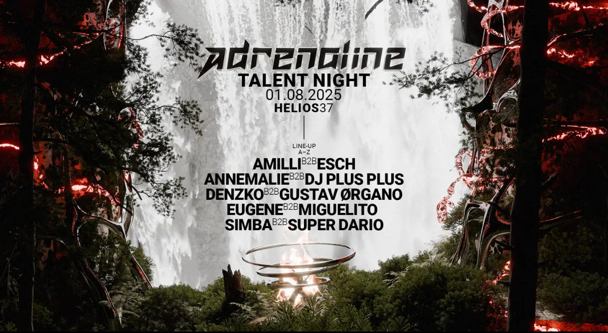 Event poster for Adrenaline Talent Night on August 1, 2025 at HELIOS37 featuring Eugene B2B Miguelito, Amilli B2B Esch, Annemalie B2B DJ Plus Plus, Denzko B2B Gustav Ørgano, Simba B2B Super Dario — showcasing rising HardGroove and Techno talents.