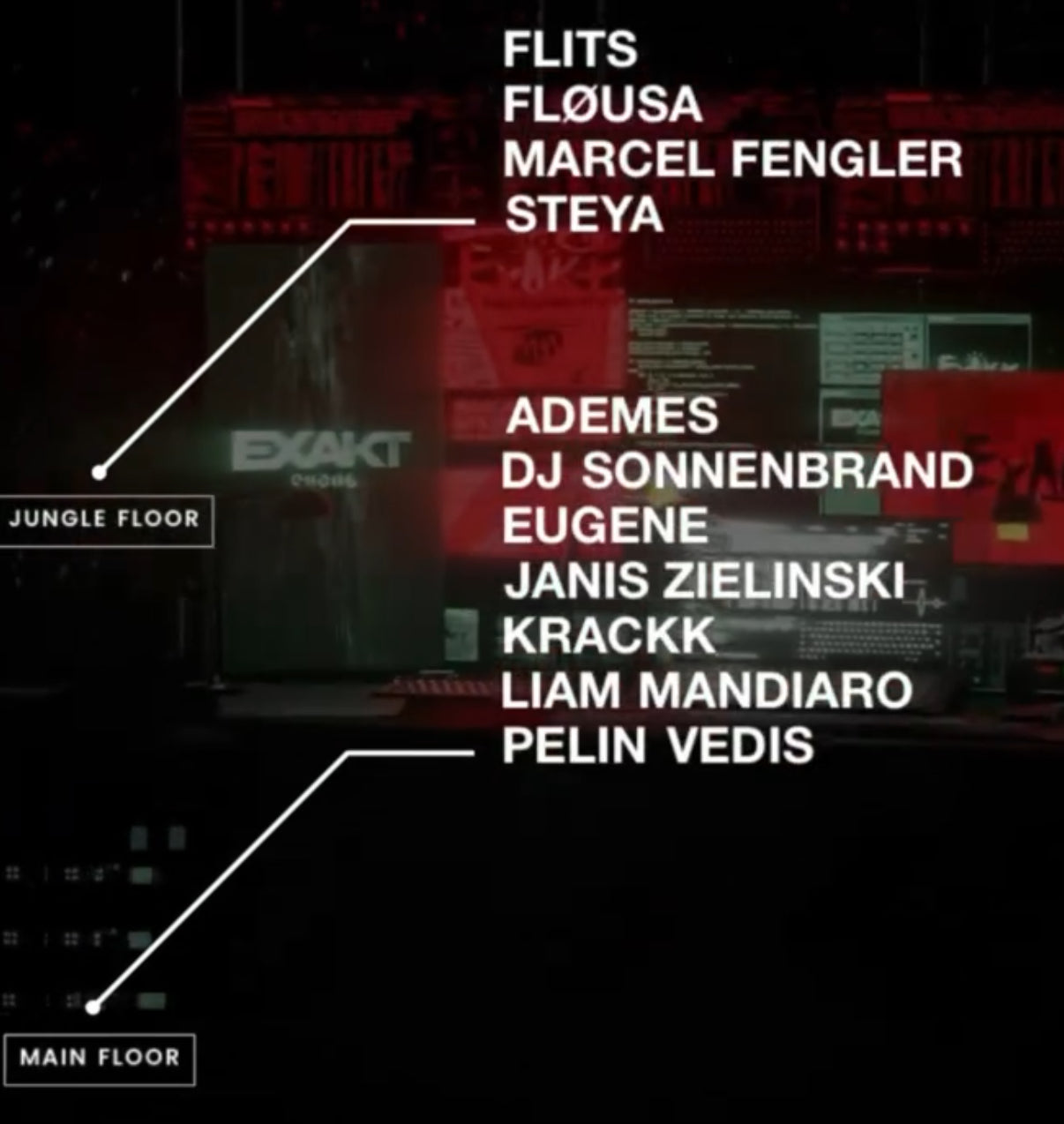 Lineup poster for EXAKT Chaos showcasing Eugene performing alongside Ademes, DJ Sonnenbrand, Janis Zielinski, Krackk, Liam Mandiaro, Pelin Vedis, and others across Jungle and Main Floor — deep Techno and HardGroove fusion event atmosphere.