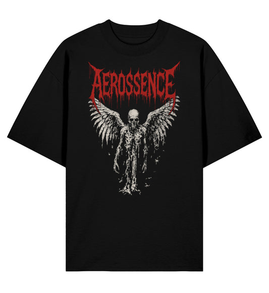 Schwarzes Aerossence Oversized T-Shirt „Fallen Angel“ mit weiß-grauem Engel-Skelett-Print und rotem Distorted-Logo, Streetwear Dark Aesthetic.