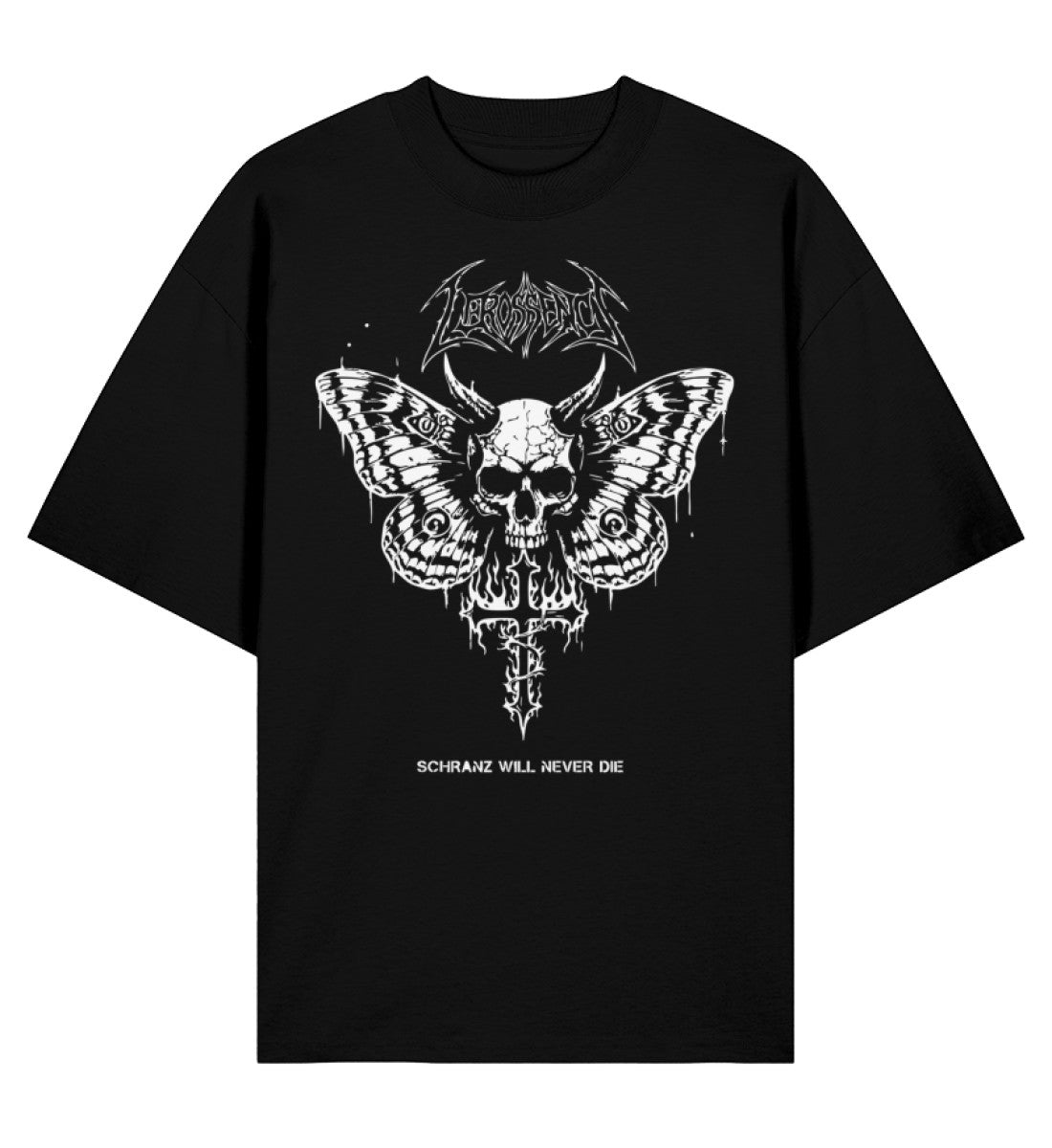 Schwarzes Aerossence Oversized T-Shirt mit weißem Schranz Will Never Die Skull-Moth Frontprint