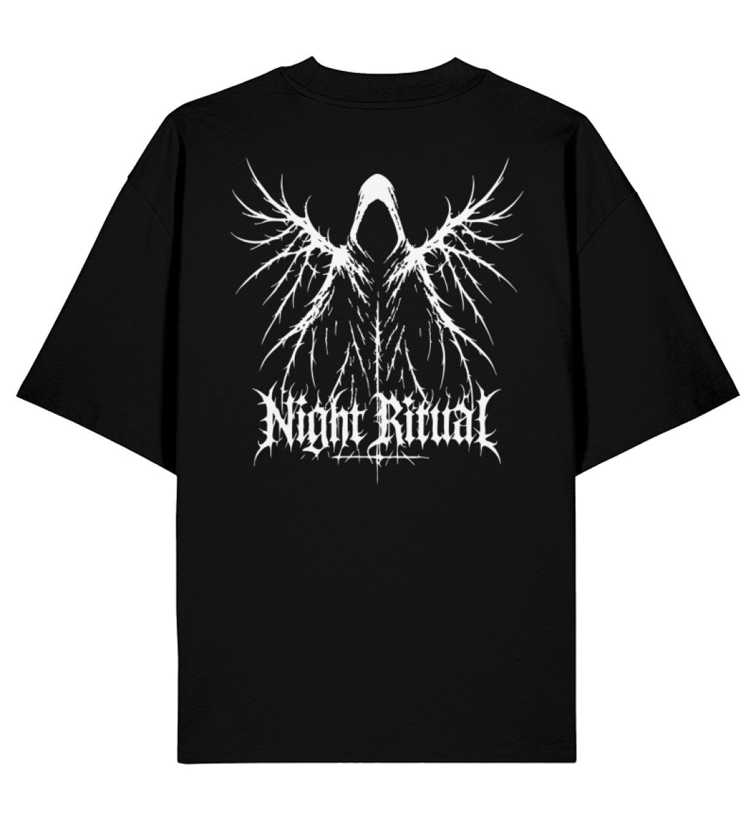 Rückseite des schwarzen Aerossence Oversized T-Shirts mit großem „Night Ritual“-Backprint in Weiß, düsteres Streetwear-Design inspiriert von Techno- und Metal-Ästhetik.