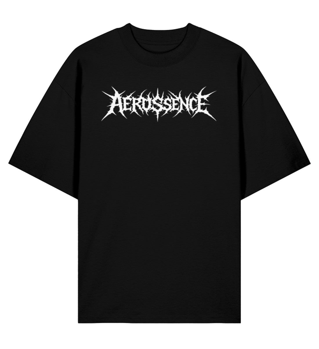 Schwarzes Oversized T-Shirt aus 100% Bio-Baumwolle mit weißem Aerossence Logo auf der Brust, minimalistisches Techno Streetwear Design.