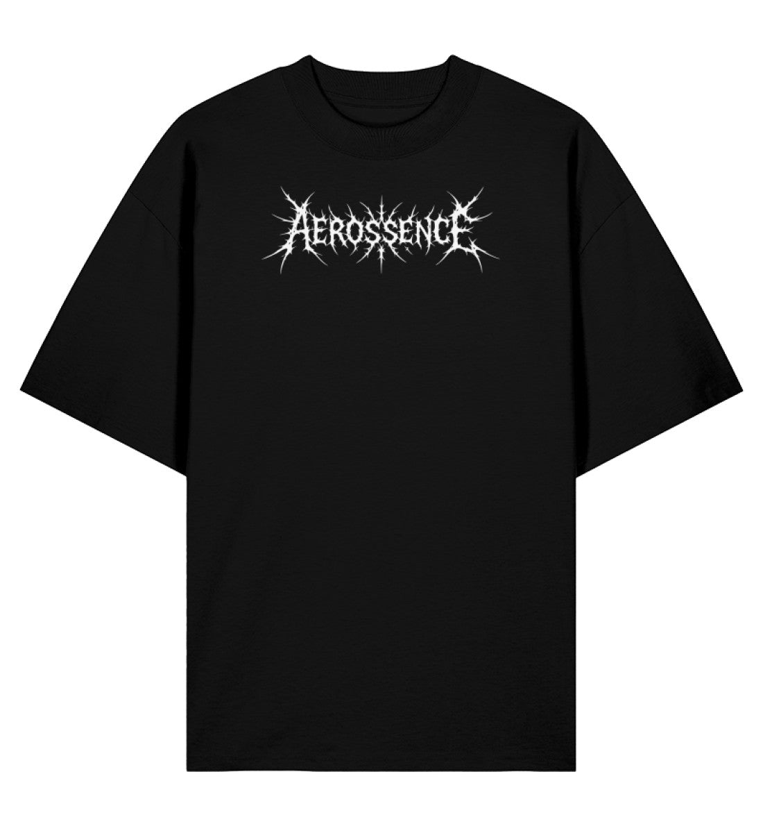 Schwarzes Oversized Aerossence T-Shirt mit weißem Black-Metal-Logo-Print auf der Brust, minimalistischer Techno-Streetwear-Style.